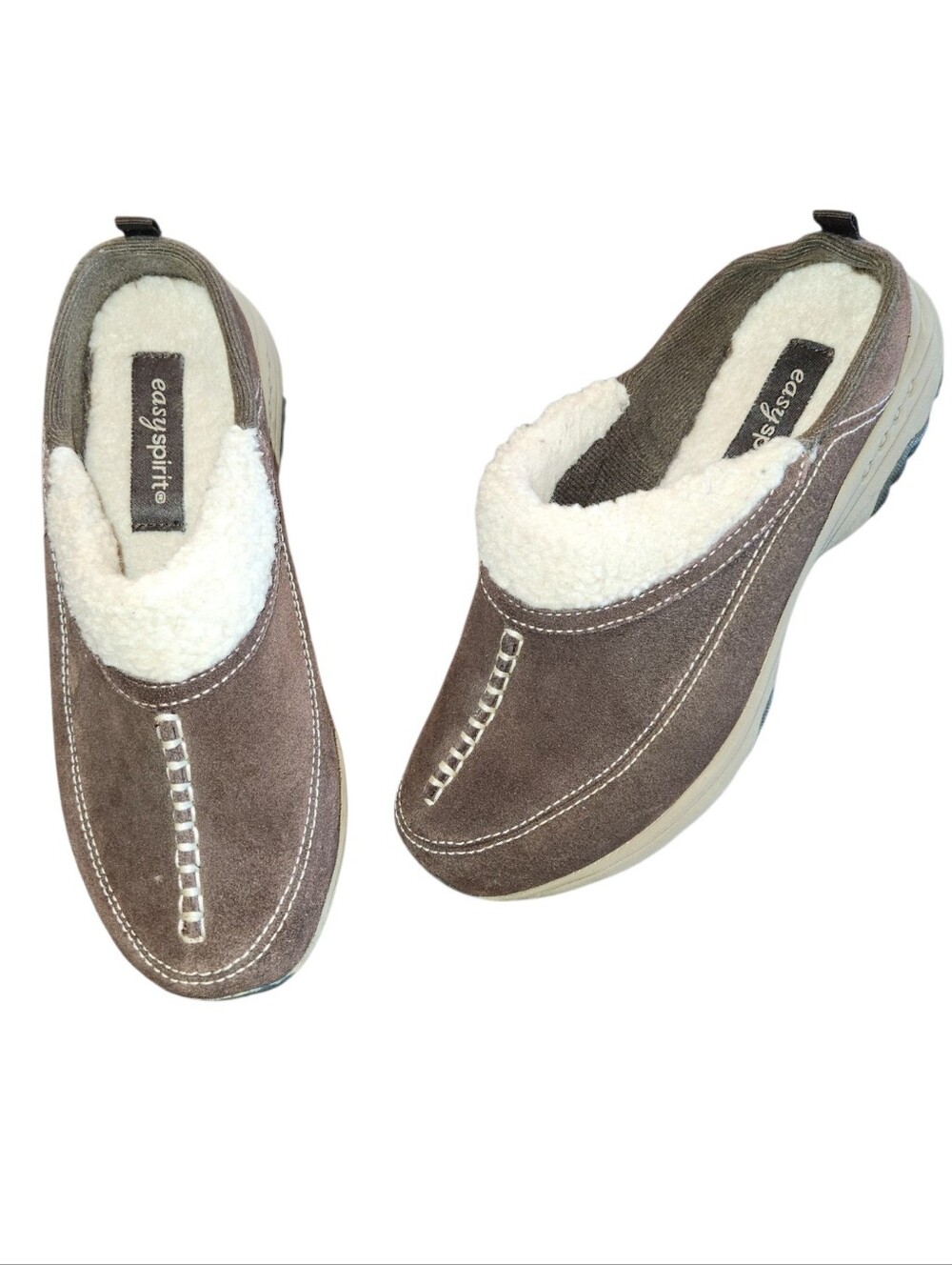 Easy Spirit Travelwind Brown Suede Sherpa Lined Mule Clogs Size 7M Comfort Shoes